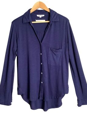 CHRLDR Amrat Jersey Blouse Navy Blue Pima Cotton Modal Button Front XL